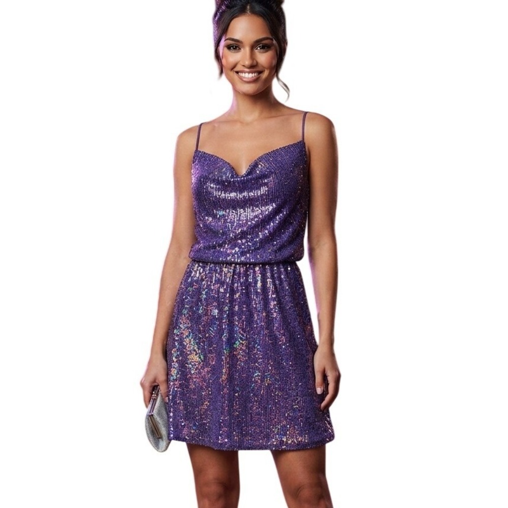 NWOT‎ Sequin Mini Dress Purple Cowl Neck Spaghetti Strap Party Hoco Glam Event S
